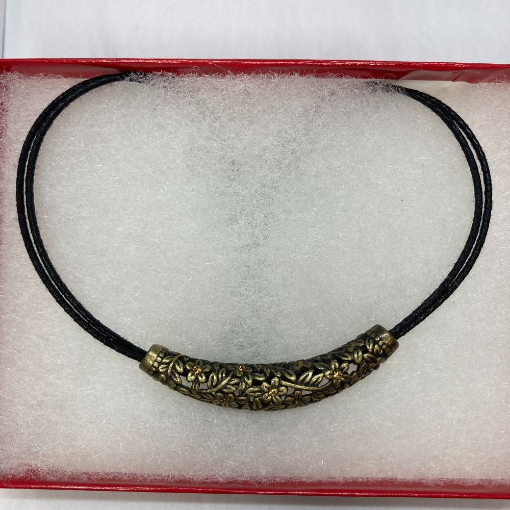 Black Leather Necklace Choker with Brass Deco Flowers and Tiny Yellow Gems.